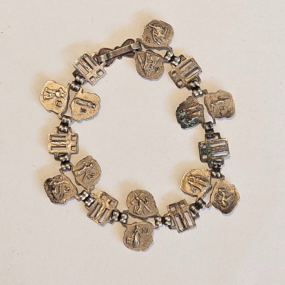 Antique 19c Victorian Sterling Silver Catholic Rose Cross Double Sided Bracelet - Picture 3 of 4